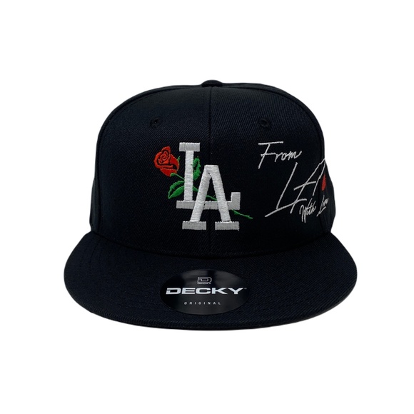 Los Angeles (w/Love) LA Rose Rosa With Love Heart Snapback Hat Cap All Black - Picture 3 of 8